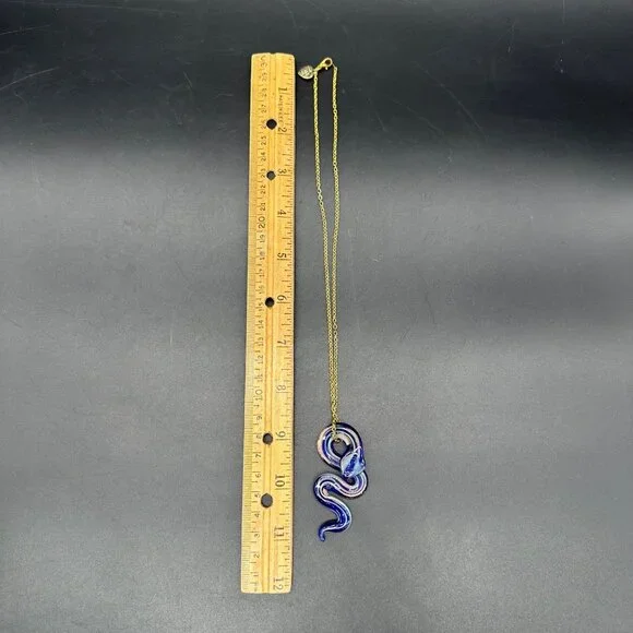 Art Glass Snake Pendant Necklace Gold Toned Chain Blue Copper Lampwork Serpent - Picture 8 of 9